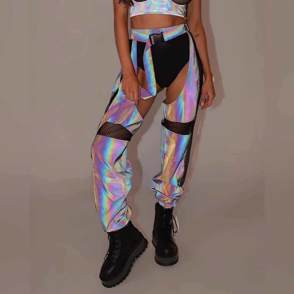 iHeartRaves False Alarm Fishnet Rainbow Reflective Chaps + top